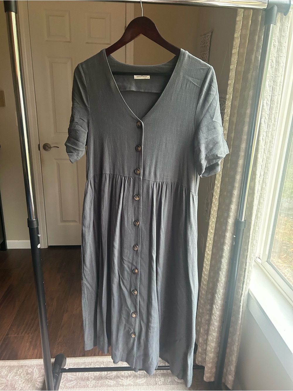 Neuflora Button-Front Linen Midi Dress in Slate Gray